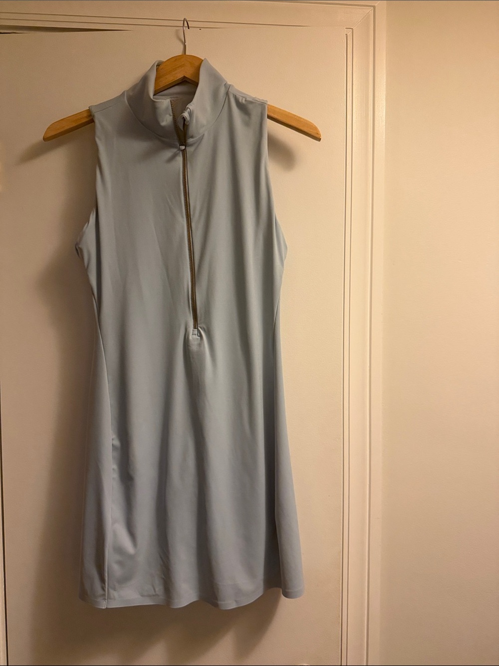 RHONE Sleeveless Mock Neck Mini Dress in Pale Blue with Front Zip